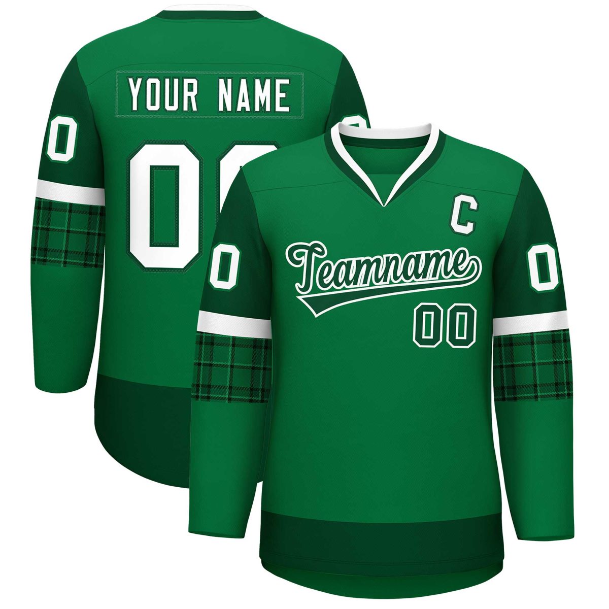Custom Teal Green-White Personalized Raglan Sleeves V-Neck Hockey Jersey