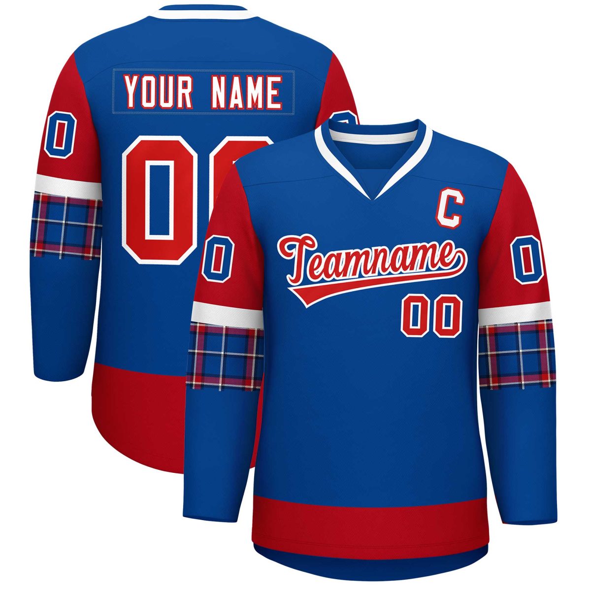 Custom Royal Red-White Personalized Raglan Sleeves V-Neck Hockey Jersey