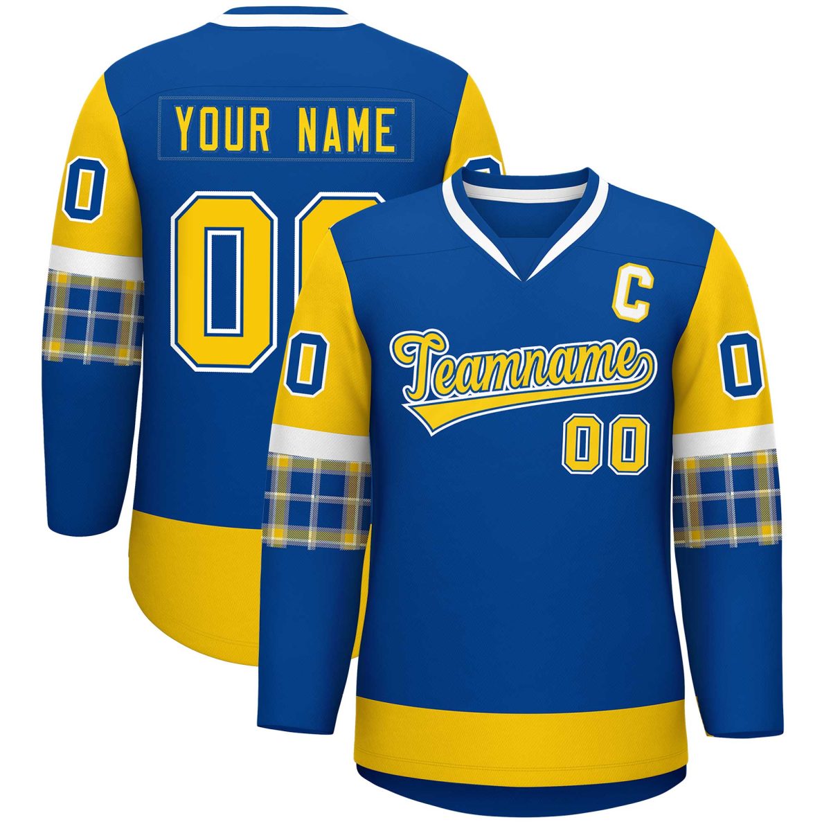 Custom Royal Gold-White Personalized Raglan Sleeves V-Neck Hockey Jersey
