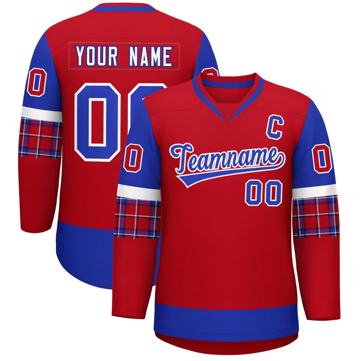 Custom Red Royal-White Personalized Raglan Sleeves V-Neck Hockey Jersey