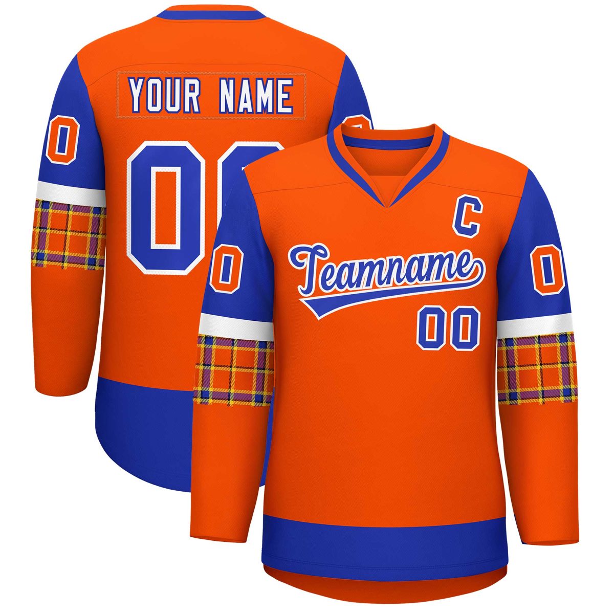 Custom Orange Royal-White Personalized Raglan Sleeves V-Neck Hockey Jersey