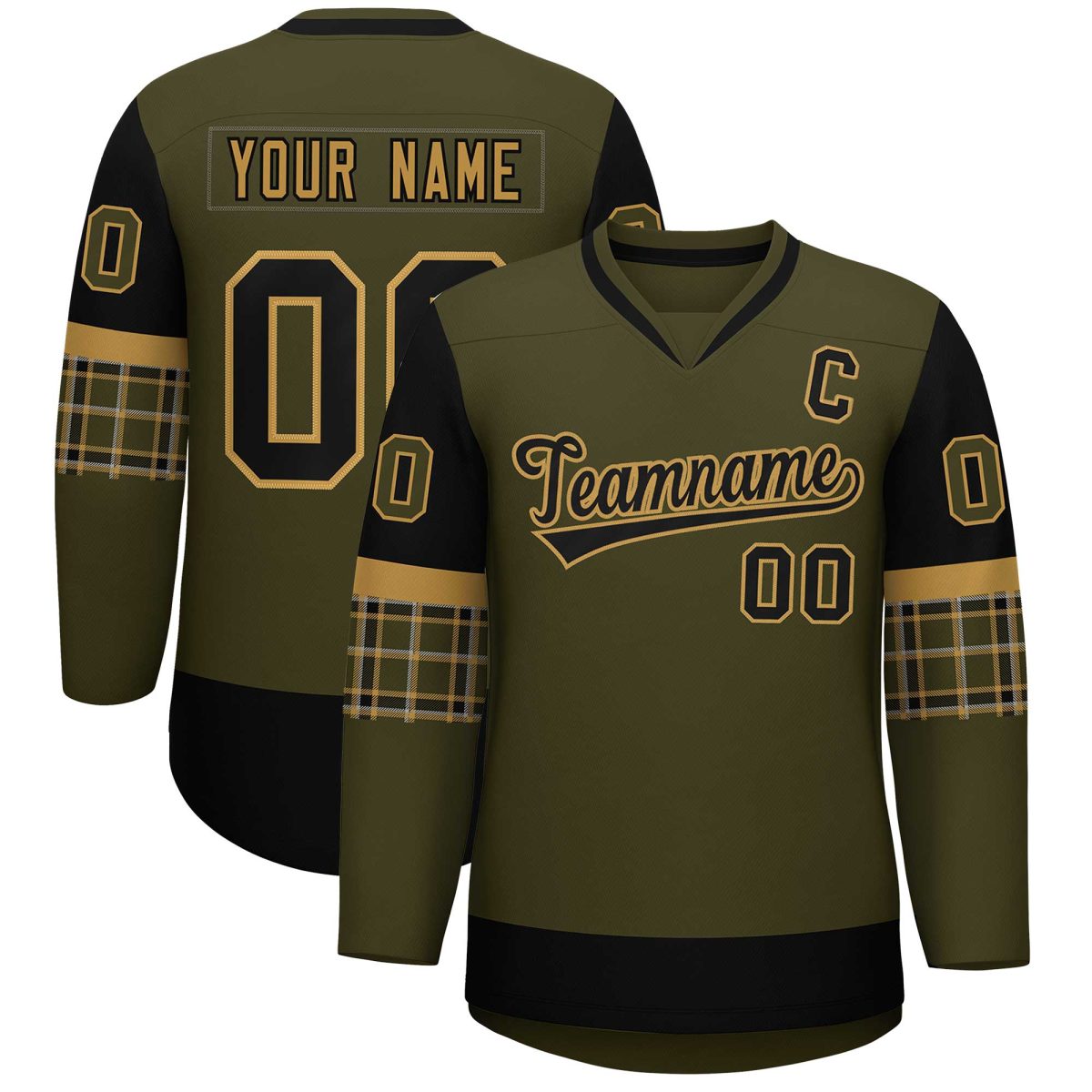 Custom Olive Black-Old Gold Personalized Raglan Sleeves V-Neck Hockey Jersey