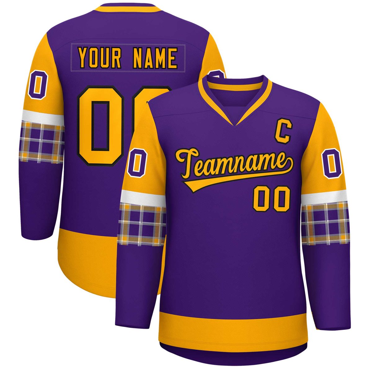 Custom Purple Yellow-White Personalized Raglan Sleeves V-Neck Hockey Jersey