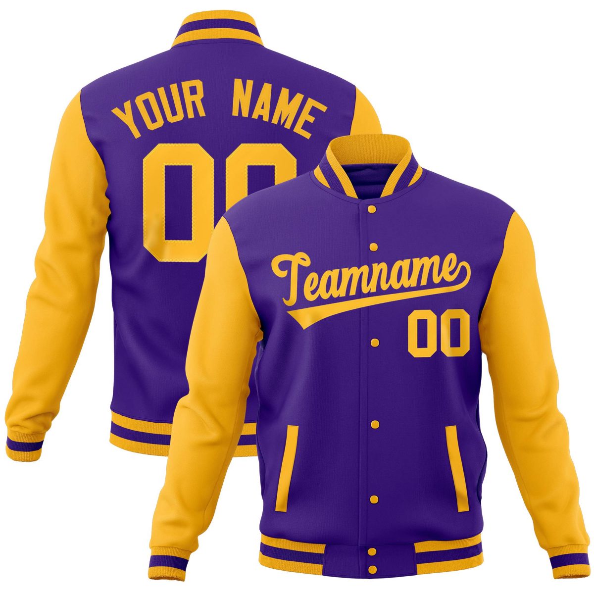 Custom Purple Gold Full-Snap Varsity Raglan Sleeves Letterman Baseball Jacket