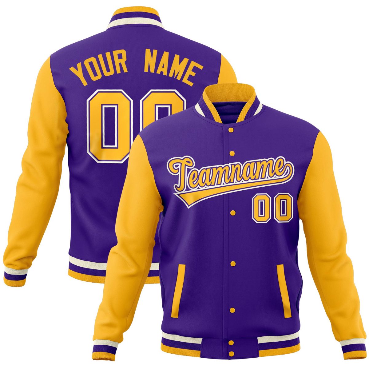 Custom Purple Gold Full-Snap Varsity Raglan Sleeves Letterman Baseball Jacket