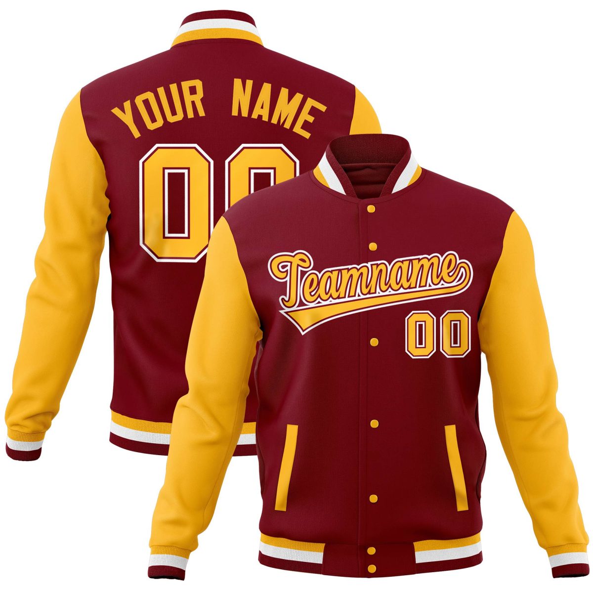 Custom Crimson Gold Full-Snap Varsity Raglan Sleeves Letterman Baseball Jacket