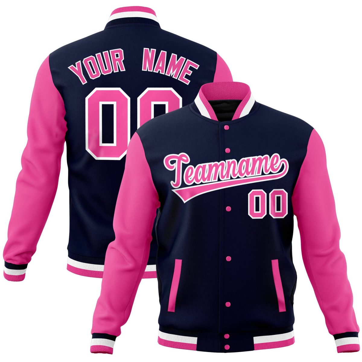Custom Navy Pink Full-Snap Varsity Raglan Sleeves Letterman Baseball Jacket