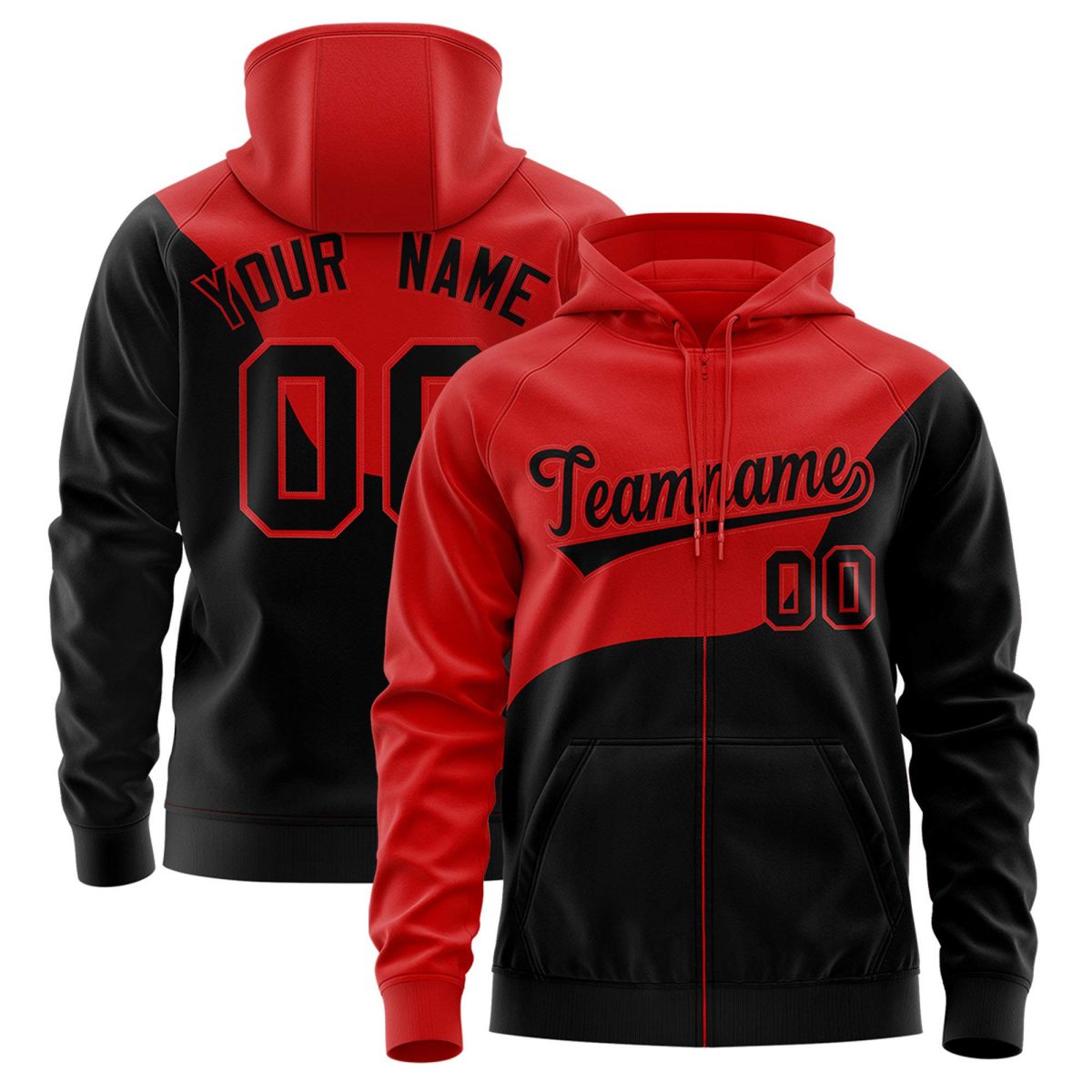 Custom Red Black Color Block Varsity Full-Zip Letterman Wave Jacket Hoodie