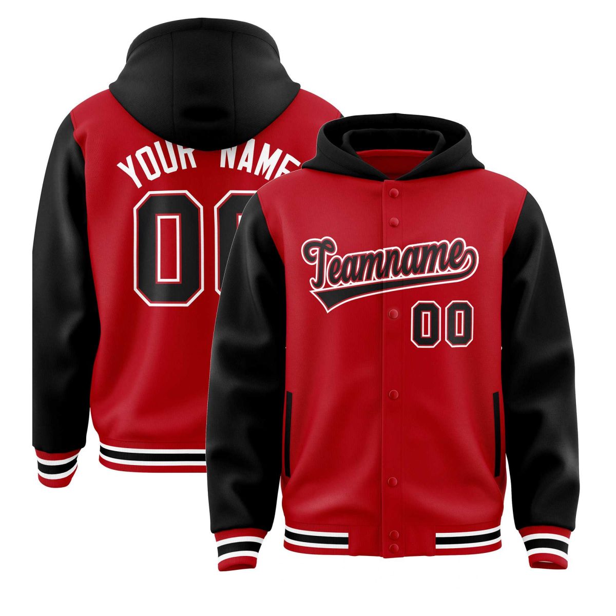 Custom Red Black Raglan Sleeves Varsity Full-Snap Letterman Two Tone Jacket Hoodie