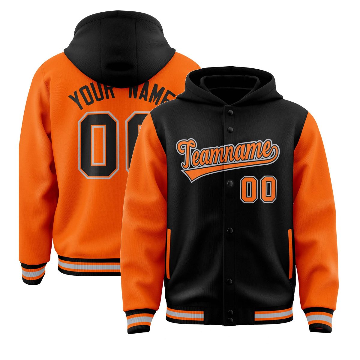 Custom Black Orange Raglan Sleeves Varsity Full-Snap Letterman Two Tone Jacket Hoodie