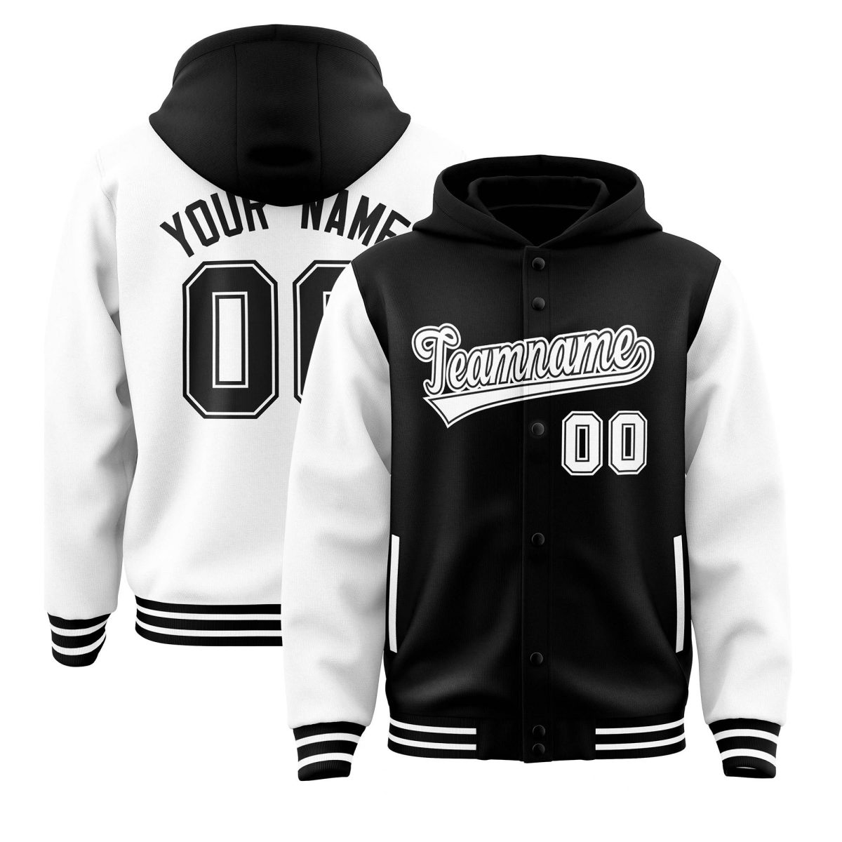 Custom Black White Raglan Sleeves Varsity Full-Snap Letterman Two Tone Jacket Hoodie