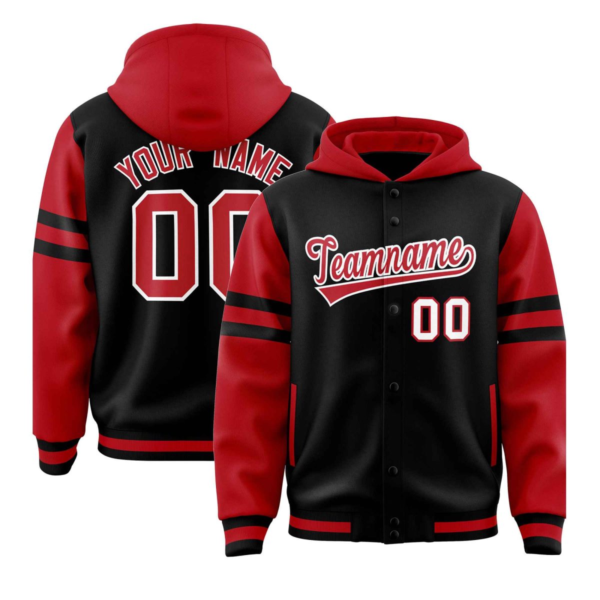 Custom Black Red Raglan Sleeves Varsity Full-Snap Letterman Three Stripes Jacket Hoodie