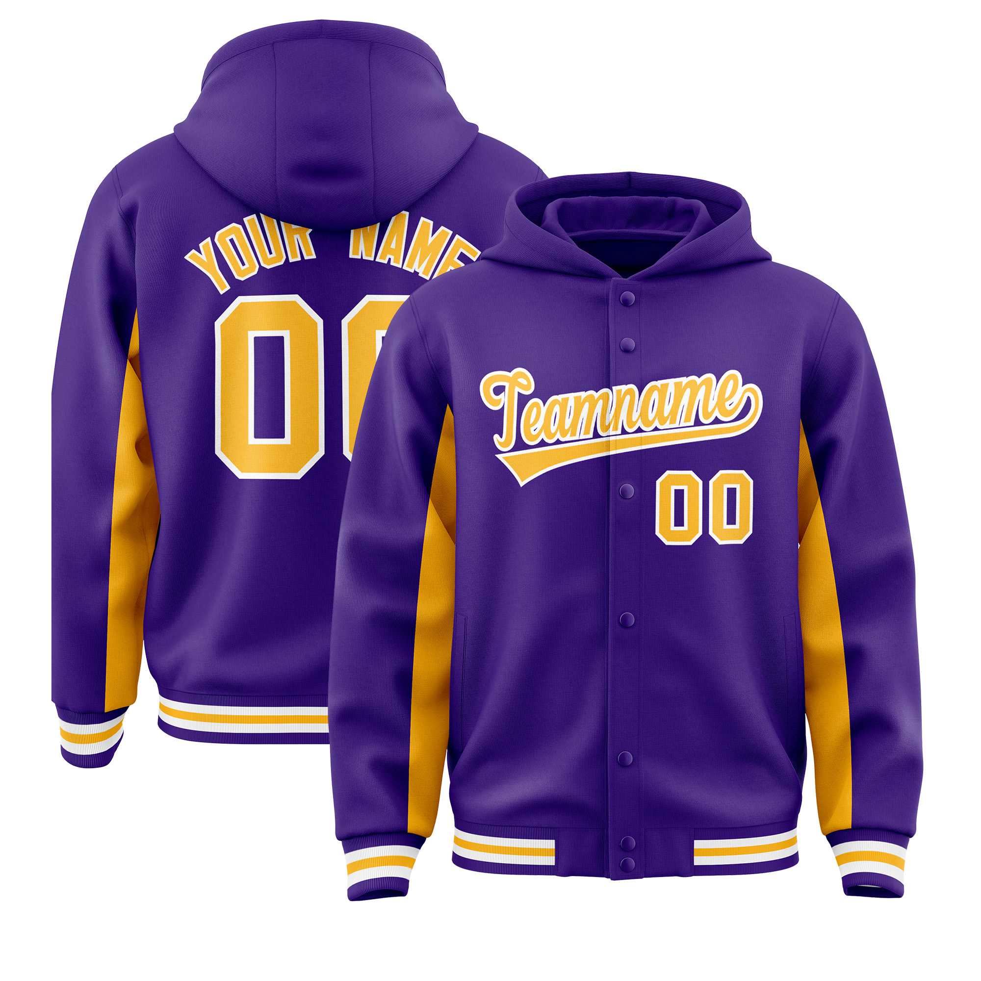 Custom Purple Gold Color Block Varsity Full-Snap Letterman Jacket Hoodie